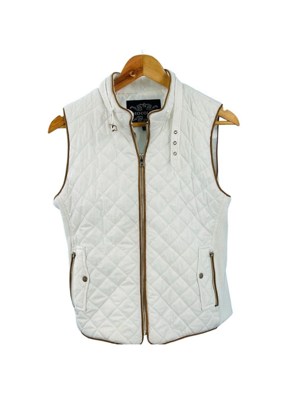 Chocolate Quilted Sleeveless Vest Jacket - White with Tan Trim